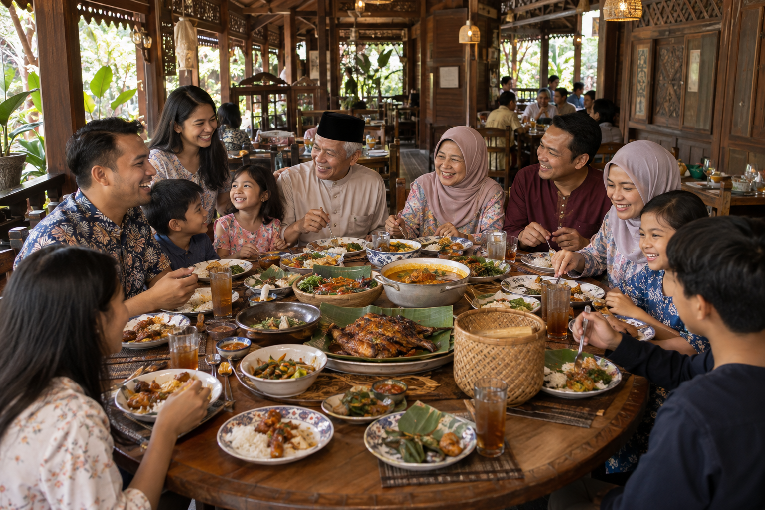 A large Malaysian family sharing traditional restaurant dishes with children and grandparents