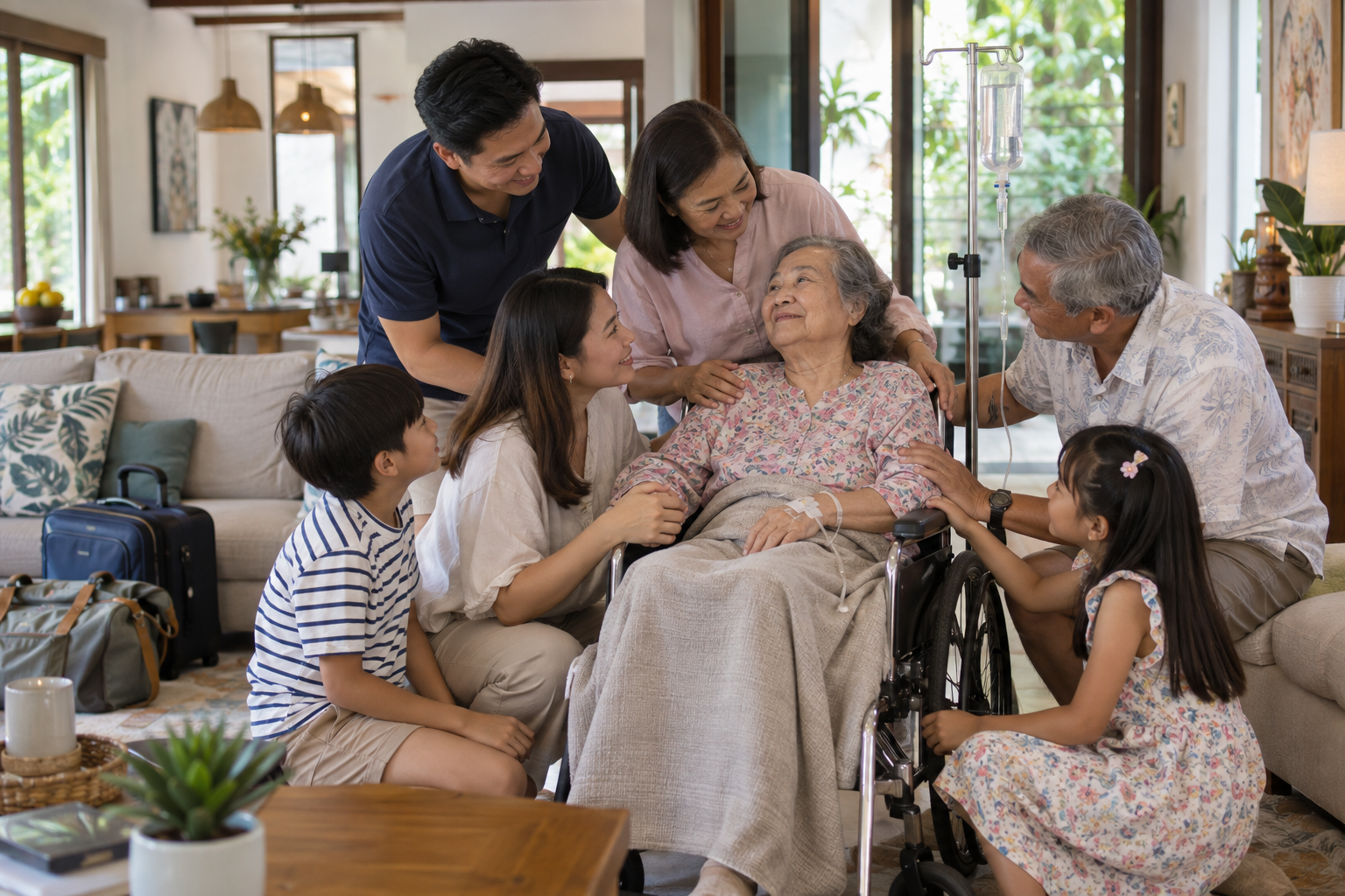 Family gathered around grandma in a wheelchair with an IV during an overnight house stay