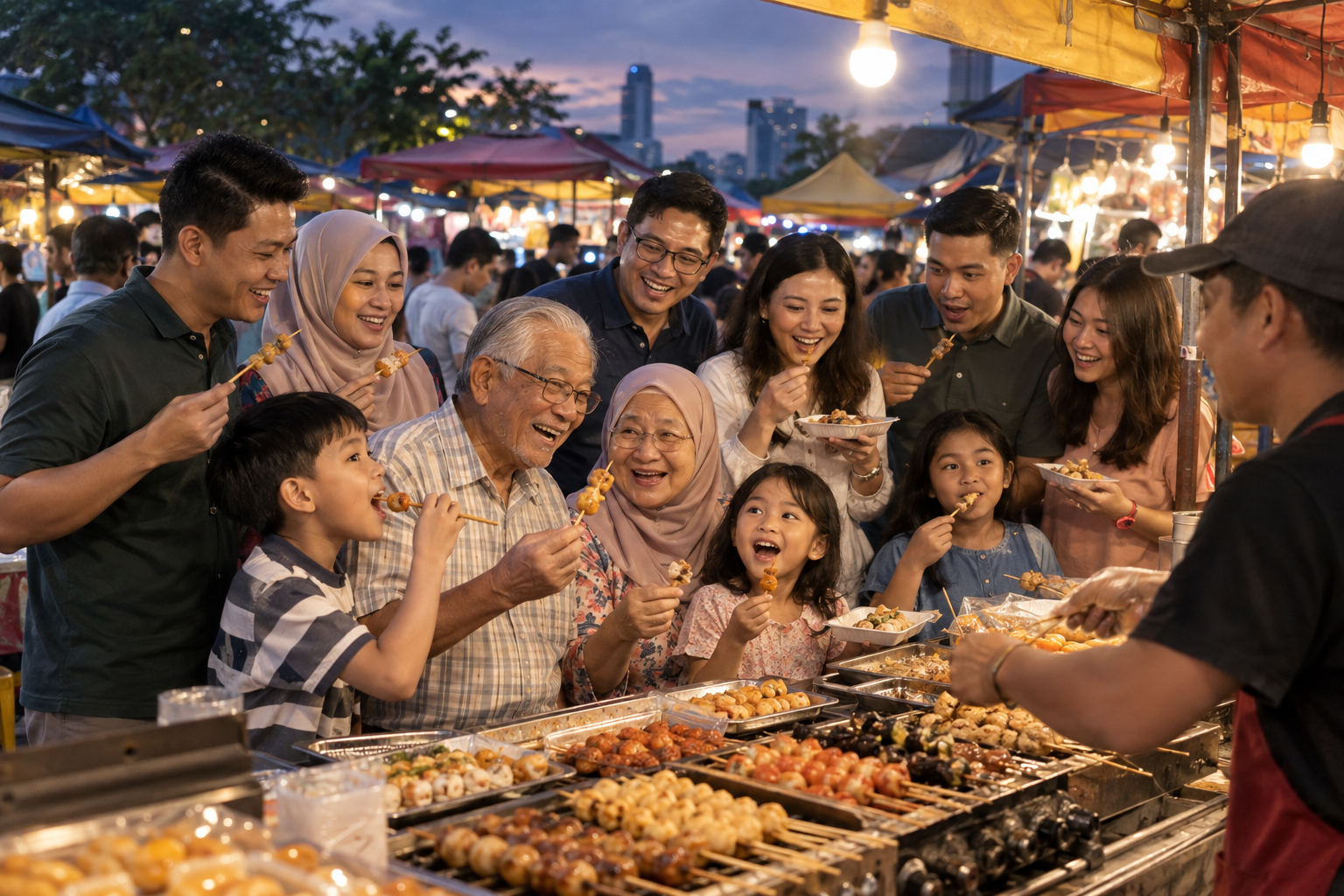 Children, parents and grandparents happily tasting street food at a Malaysian night market