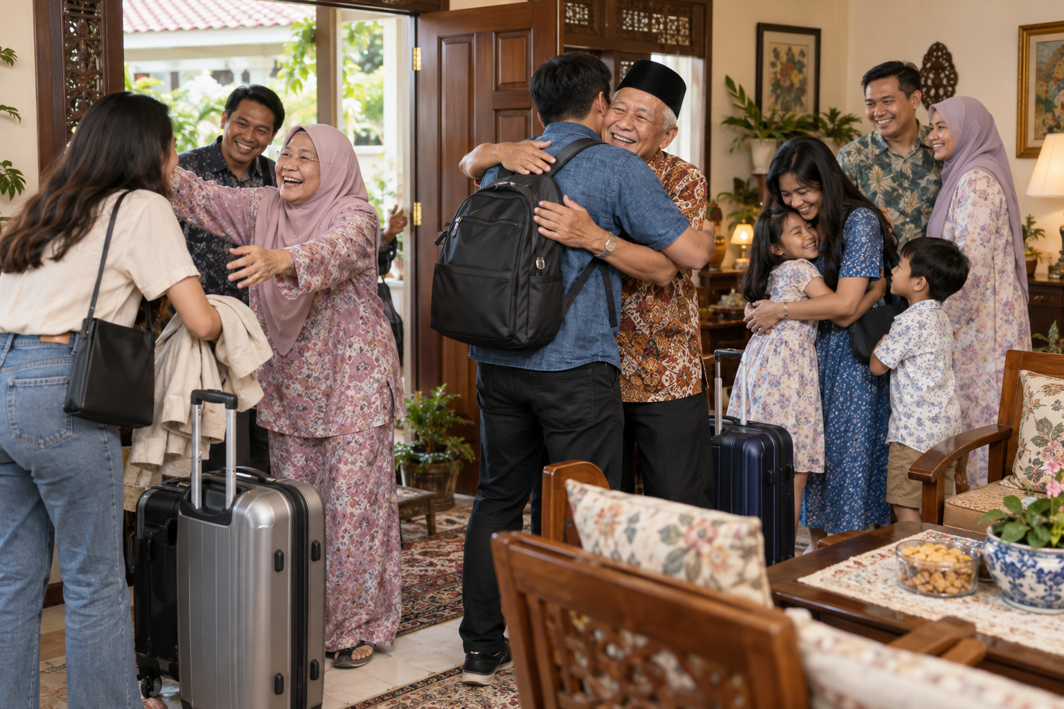 Malaysian relatives returning from overseas with luggage and reuniting with their local family