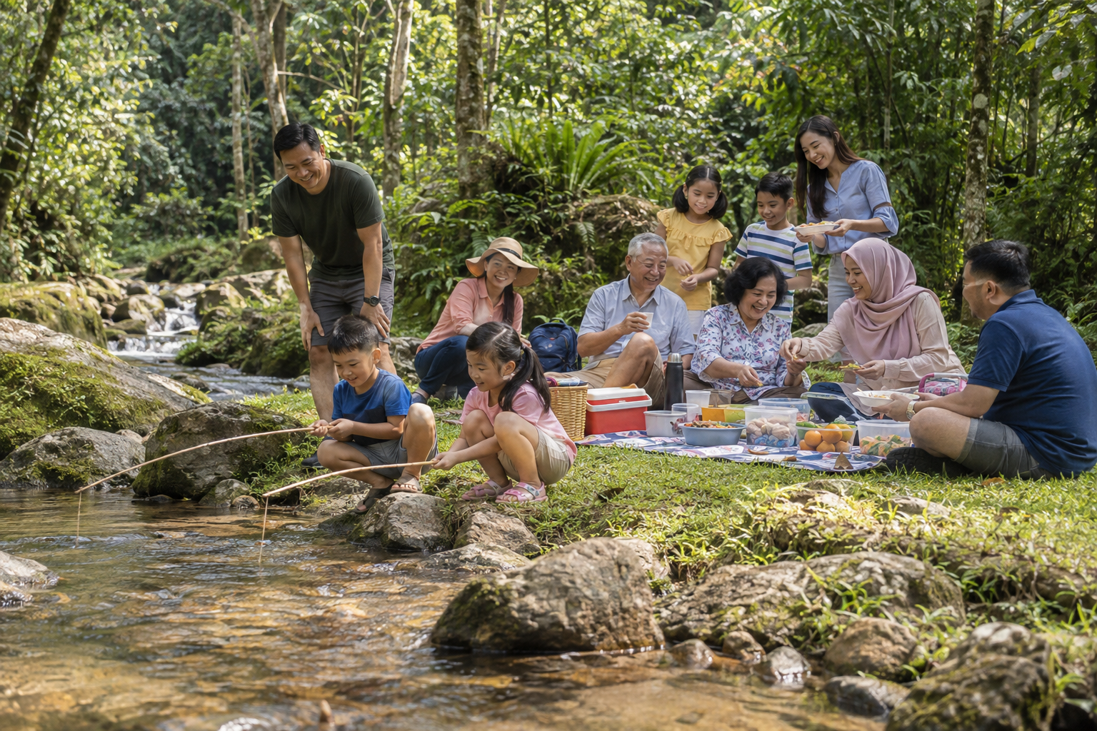 Children fishing beside a family picnic and a stream in a lush Malaysian jungle park