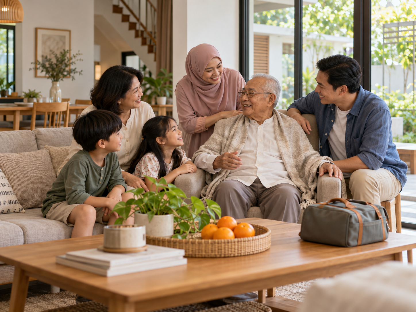 Family supporting an older relative during a medical visit